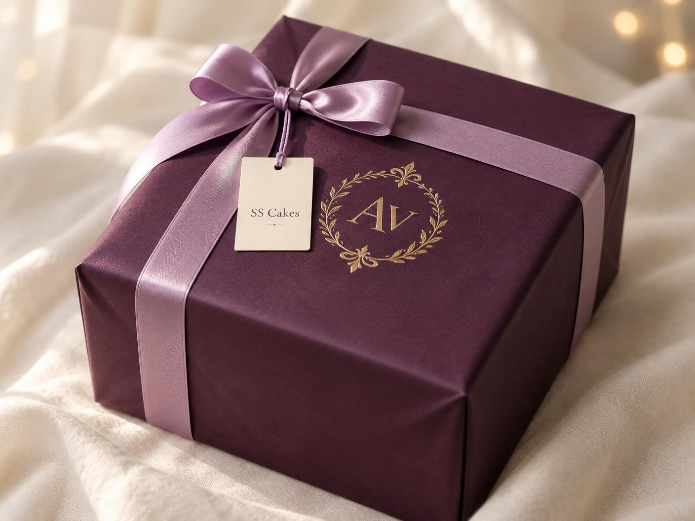 Plum Christmas cake pack with a gold monogram and an SS Cakes tag