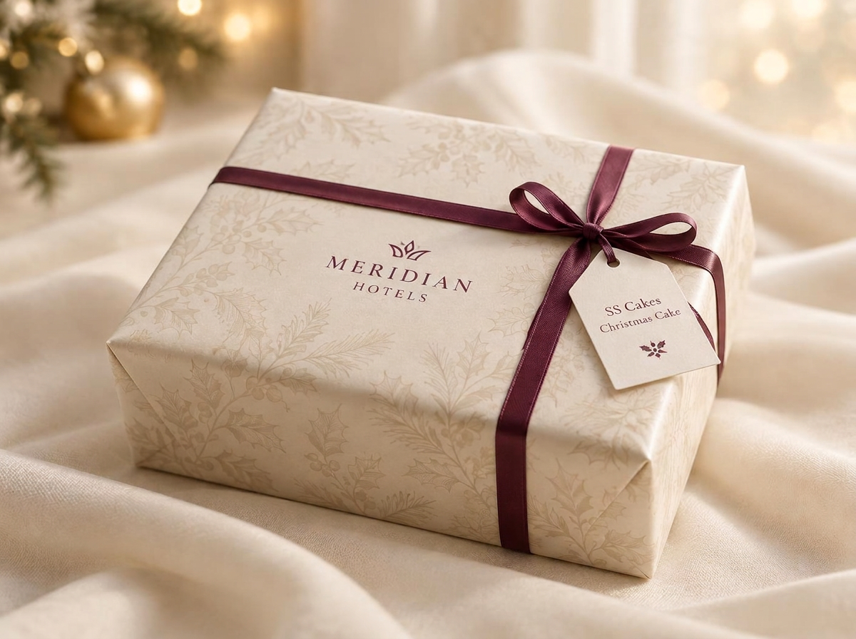 Ivory Christmas cake pack with a company wordmark and an SS Cakes tag