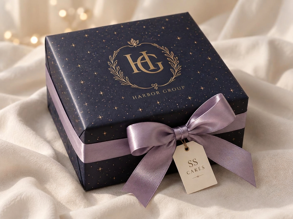 Navy Christmas cake pack with a gold crest and an SS Cakes tag
