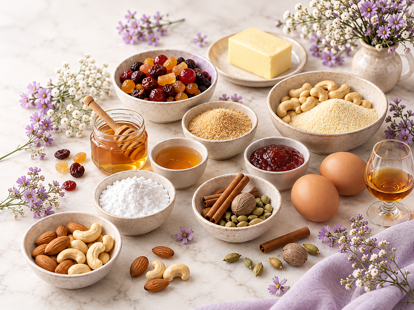 Bowls of butter, dried fruit, nuts, honey, spices, and eggs arranged for baking