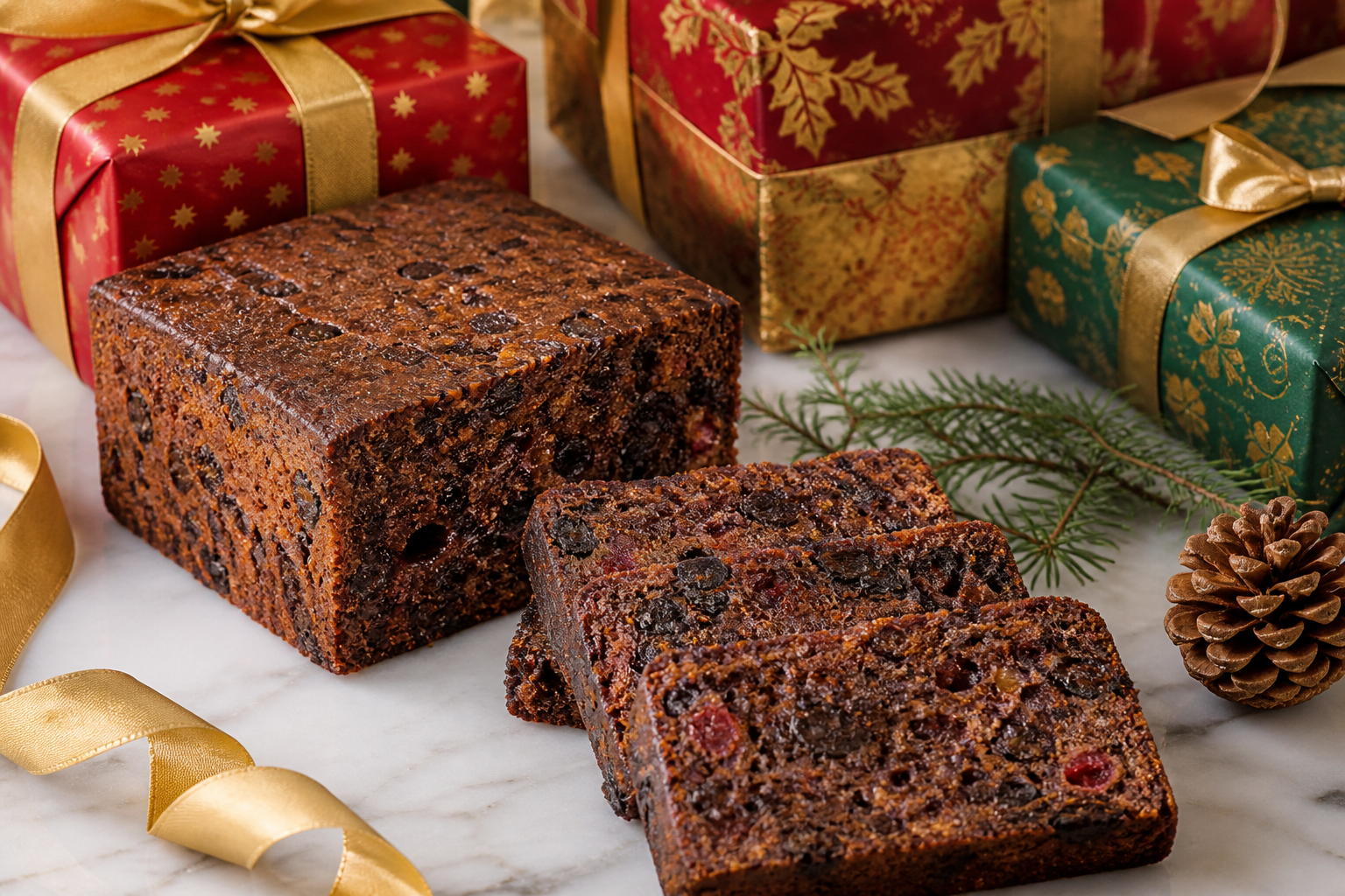 Dark Christmas fruit cake with festive wrapping