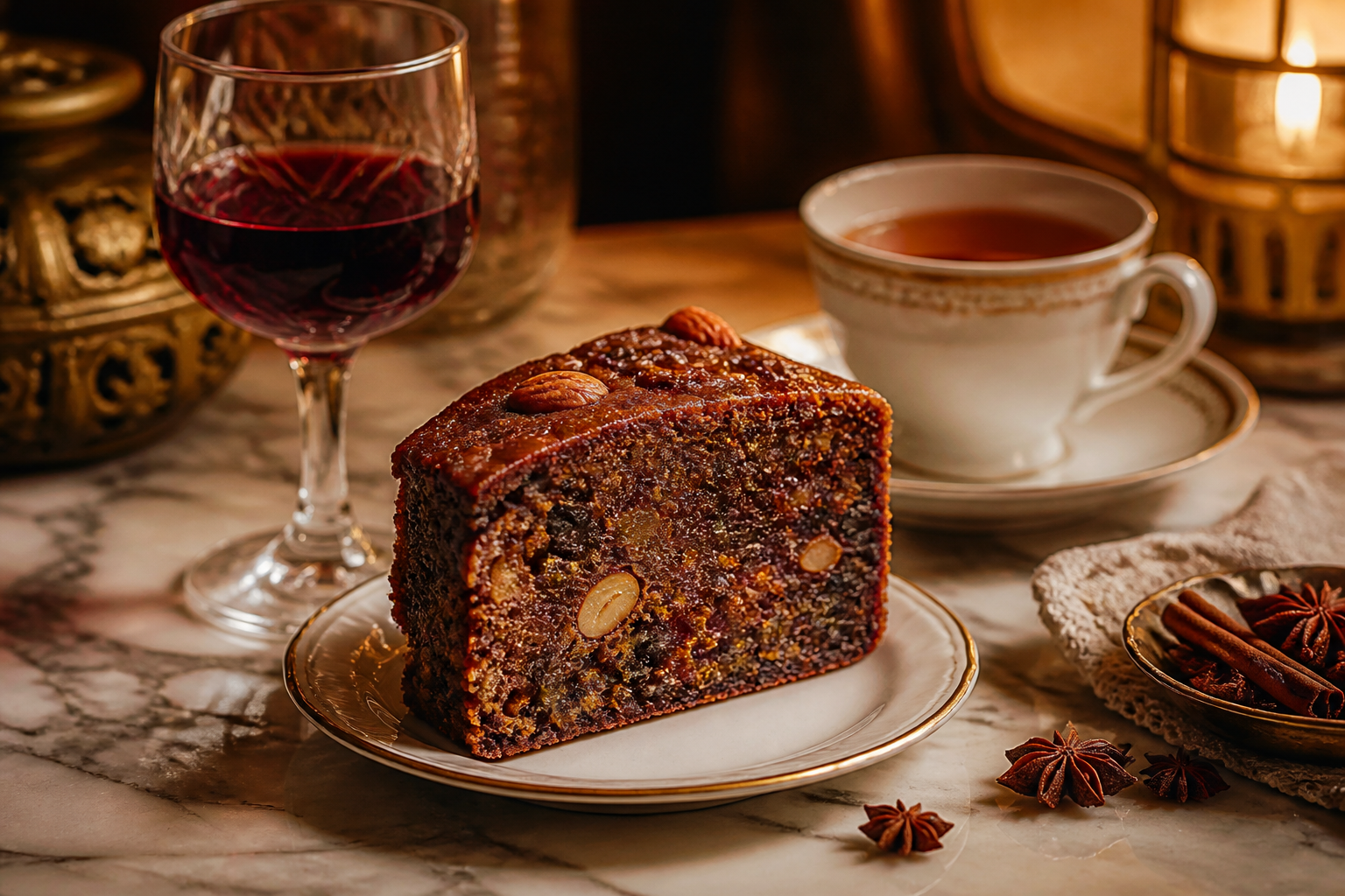 A slice of rich fruit cake served with port wine and spiced tea