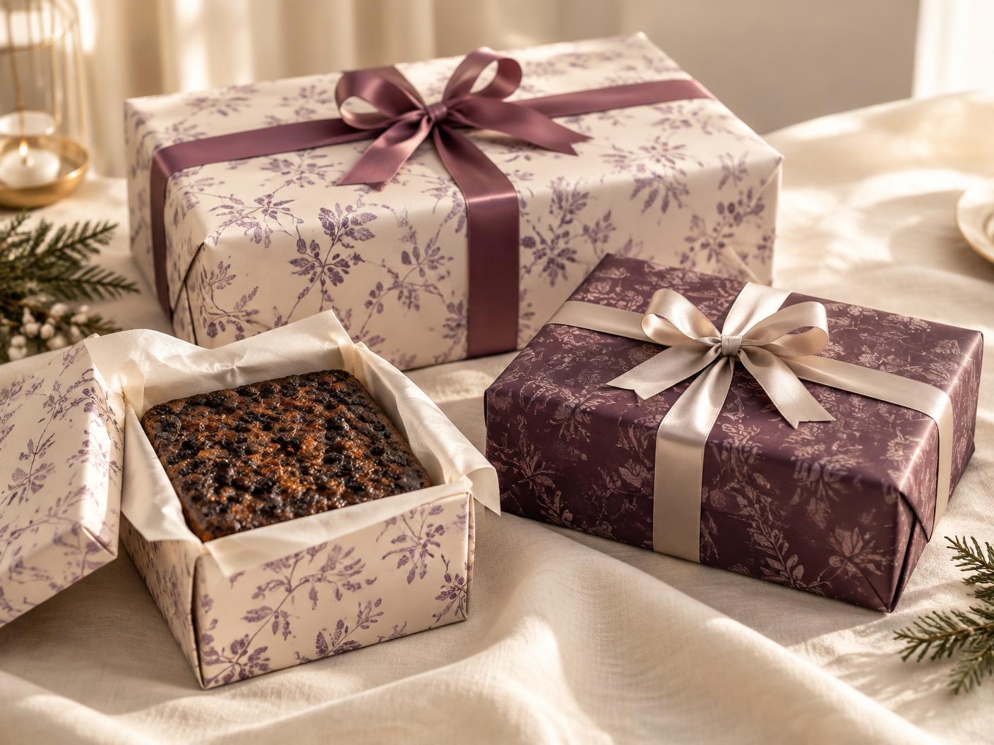 Dark Christmas fruit cake with festive wrapping