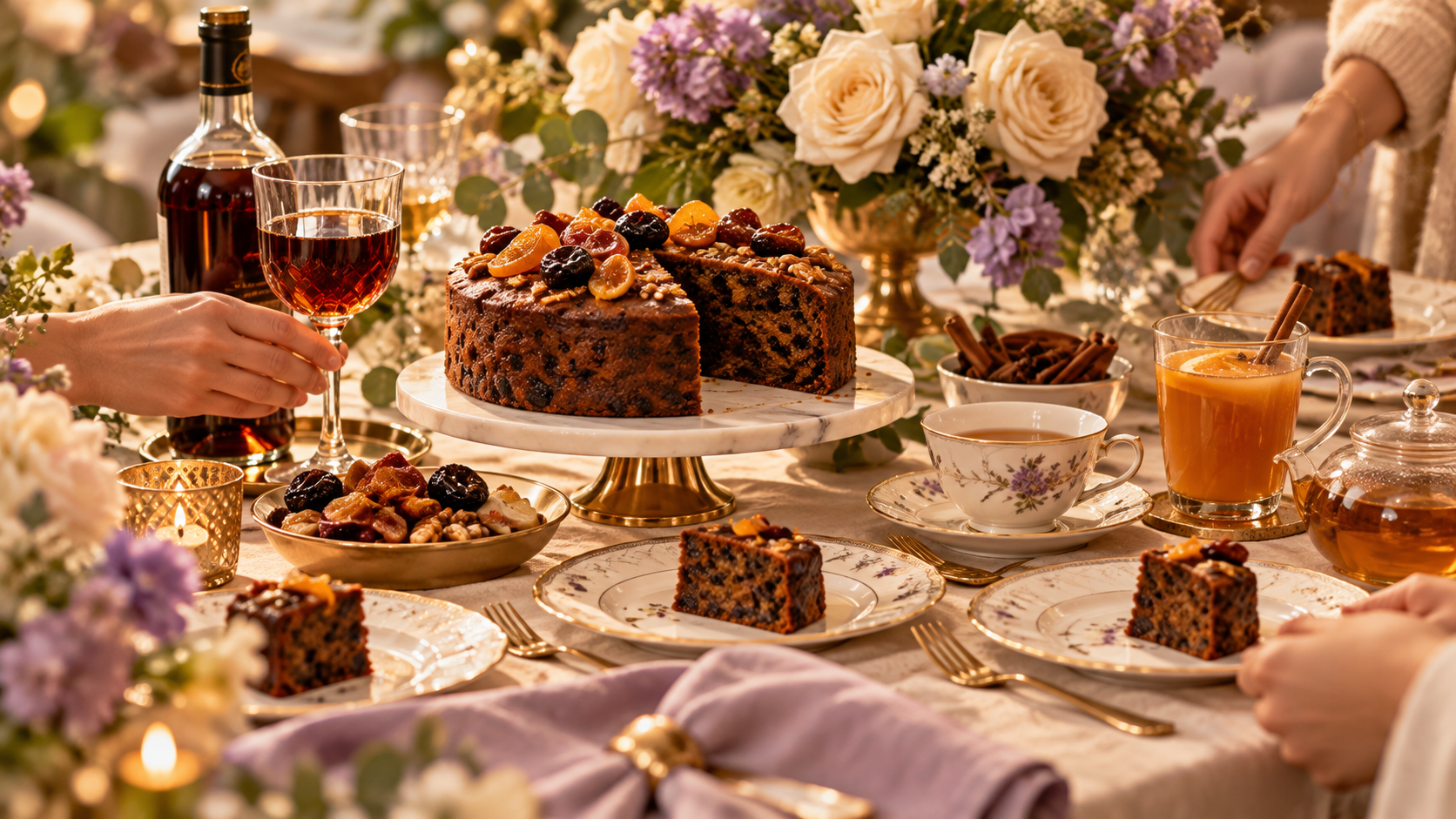 A slice of rich fruit cake served with port wine and spiced tea