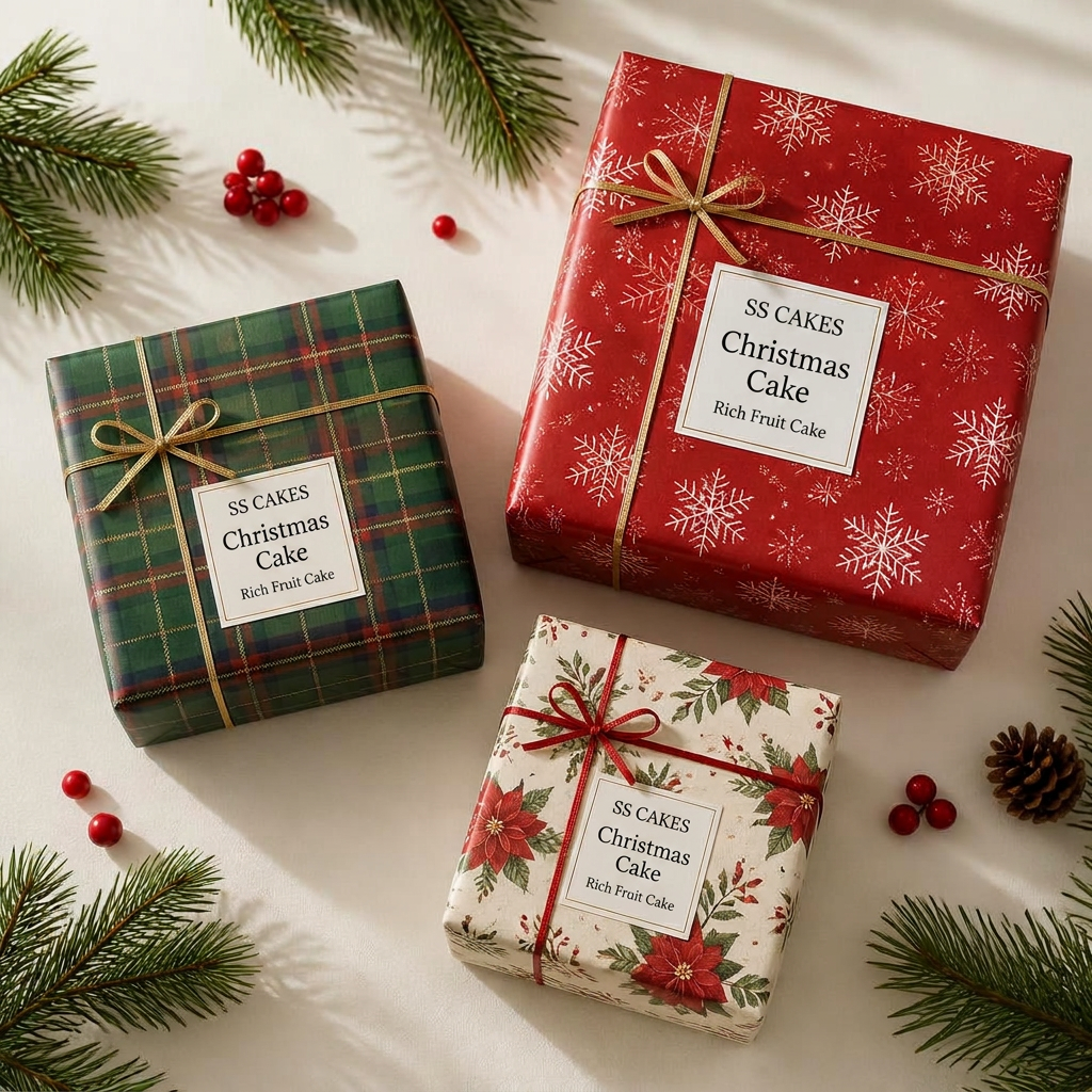 Christmas cake gift boxes wrapped in red, gold and green paper