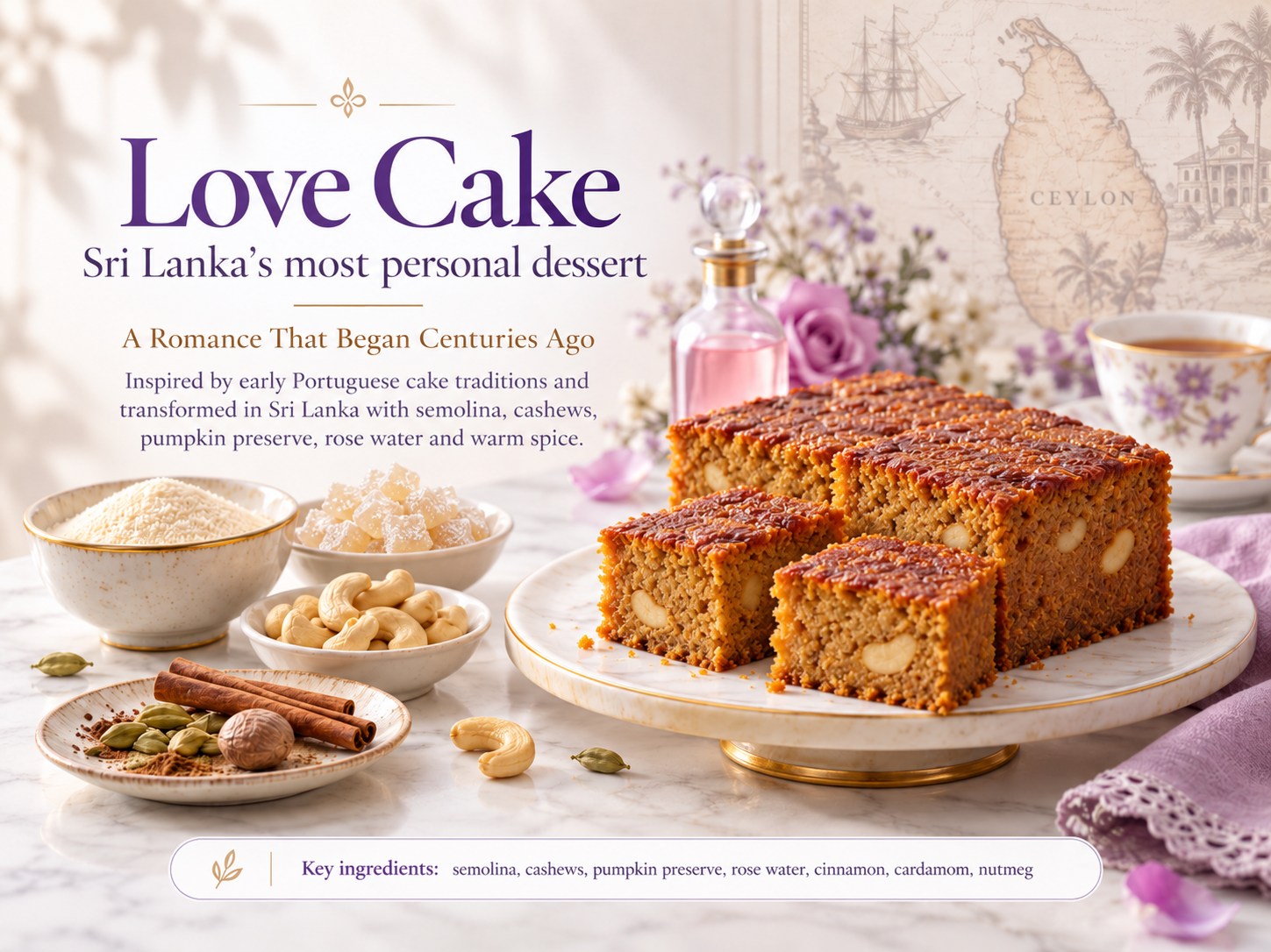 Love cake pieces with cashews, cardamom and rose water